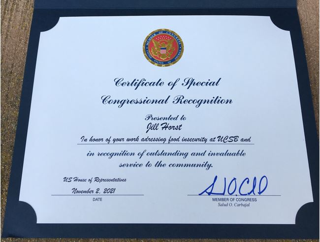 Certificate of Special Congressional Recognition for Jill Horst