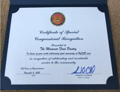 Certificate of Special Congressional Recognition Miramar Food Pantry