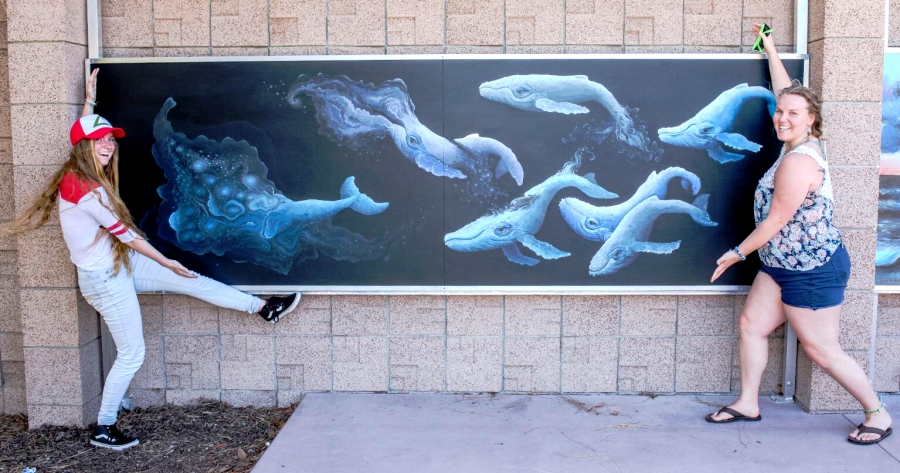 San Rafael Resident Assistant Loni Marineau and Sydni Baker in front of the Whale Mural