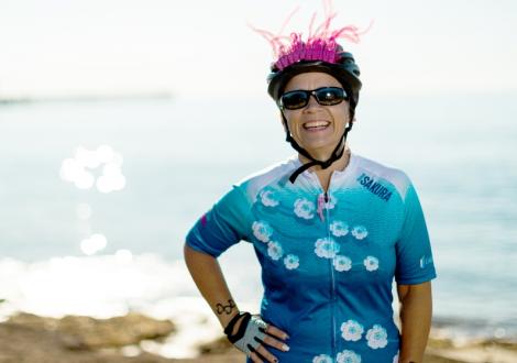 Melissa Jarnagin dressed to ride in in the annual Tour de Pink bike ride.